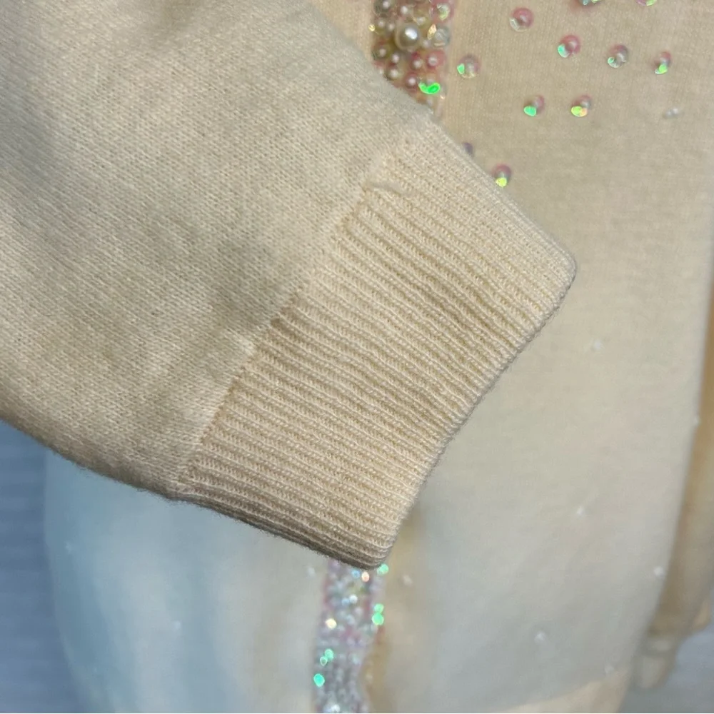 Vintage Wool Blend Cardigan Sweater Sequins Bead Embellished Ivory Grandmother - Picture 8 of 14